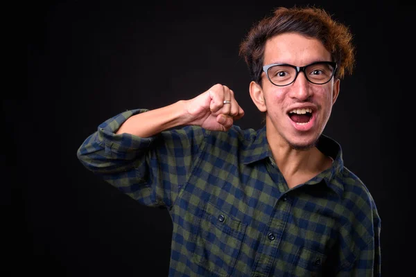 Studio Colpo Giovane Asiatico Hipster Uomo Con Capelli Ricci Acne — Foto Stock