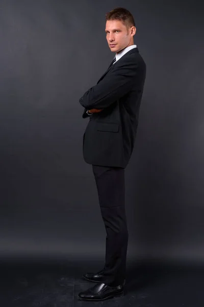 Studio Shot Businessman Wearing Suit Black Background — Stock Photo, Image