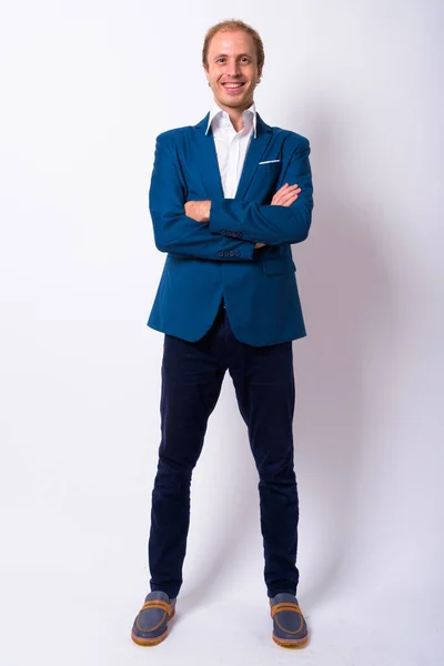 Studio Shot Businessman Blond Hair Wearing Blue Suit White Background — Stock Photo, Image