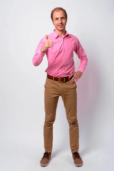 Estudio Hombre Negocios Con Pelo Rubio Con Camisa Rosa Sobre — Foto de Stock