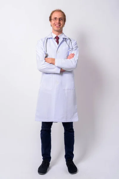 Studio Shot Man Doctor Blond Hair Wearing Eyeglasses White Background — Stock Photo, Image