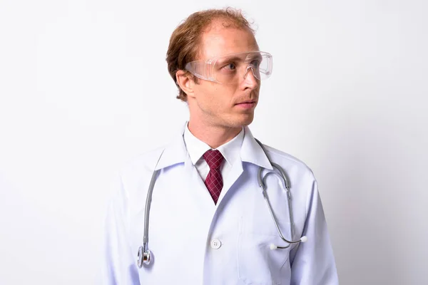 Studio Strzał Człowieka Lekarza Blond Włosy Jako Naukowiec Noszenie Okularów — Zdjęcie stockowe