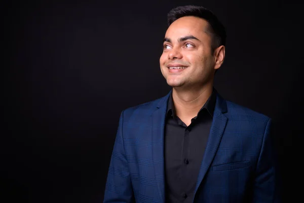 Studio Shot Young Handsome Indian Businessman Wearing Blue Suit Black — Stock Photo, Image