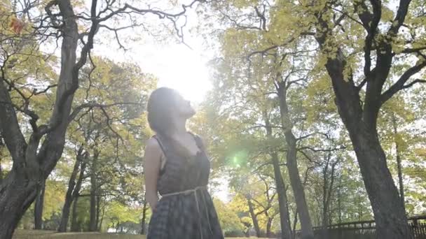 Νεαρή όμορφη Ασιάτισσα με φθινοπωρινά δέντρα στο δάσος — Αρχείο Βίντεο