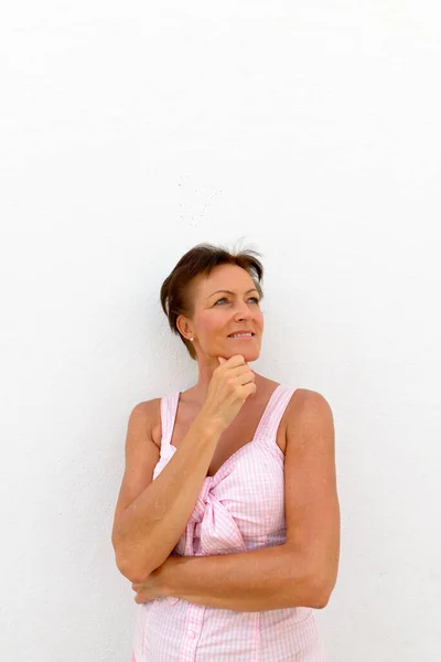 Portrait Mature Beautiful Scandinavian Tourist Woman Short Hair White Wall — Stock Photo, Image