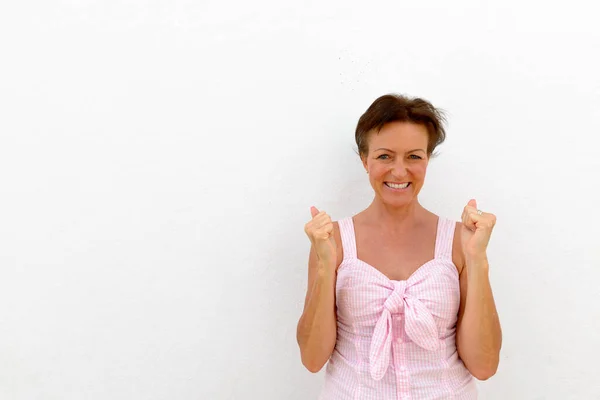 Portrait Mature Beautiful Scandinavian Tourist Woman Short Hair White Wall — Stock Photo, Image