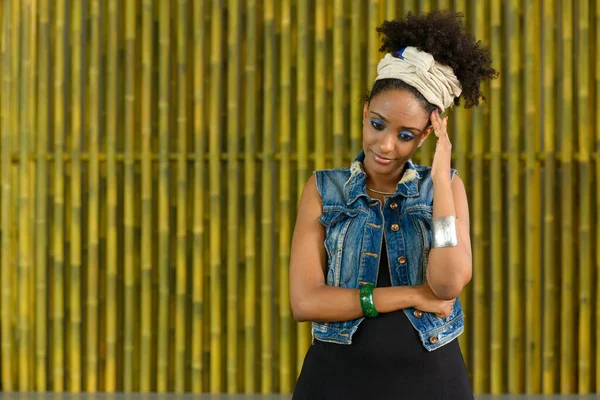 Portrait Young Beautiful African Woman Afro Hair Bamboo Wall Outdoors — Stock Photo, Image