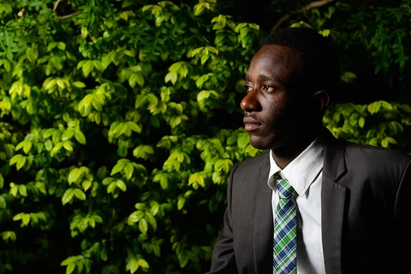 Retrato Jovem Empresário Africano Vestindo Terno Parque Livre Noite — Fotografia de Stock
