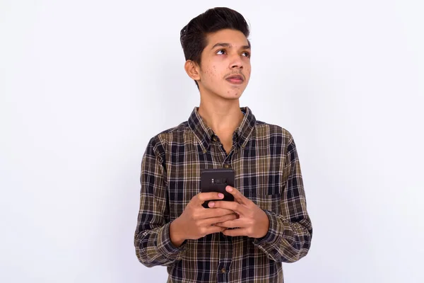 Студийный Снимок Молодого Красивого Индийского Хипстера Подростка Белом Фоне — стоковое фото