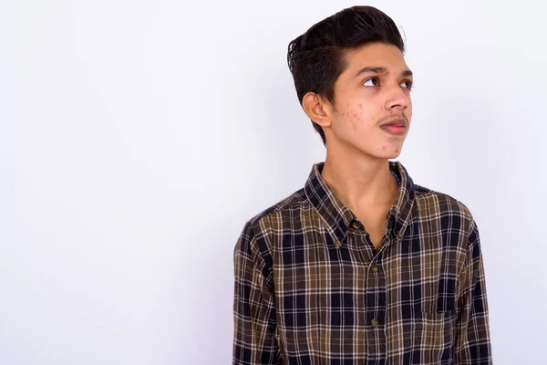 Stúdió Lövés Fiatal Jóképű Indiai Hipster Tizenéves Fiú Fehér Háttér — Stock Fotó