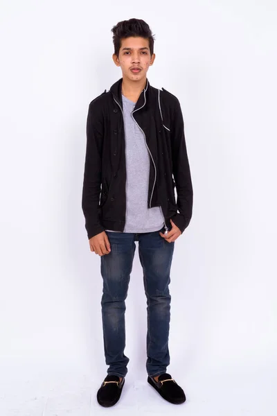 Studio Shot Young Handsome Indian Teenage Boy Leather Jacket White — Stock Photo, Image