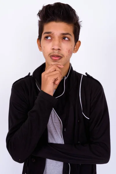Studioaufnahme Eines Jungen Hübschen Indischen Teenagers Mit Lederjacke Vor Weißem — Stockfoto