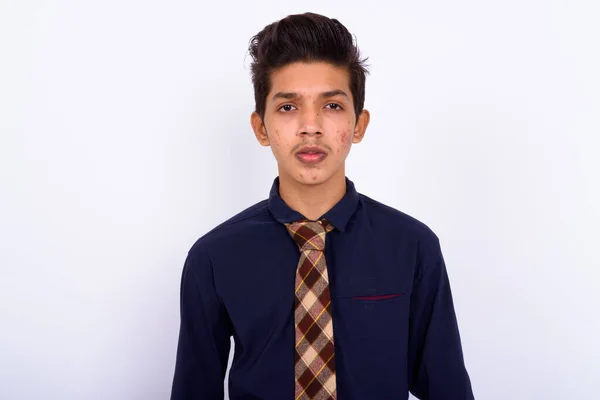 Στούντιο Πλάνο Του Νεαρού Όμορφου Ινδιάνου Έφηβο Αγόρι Επιχειρηματίας Λευκό — Φωτογραφία Αρχείου