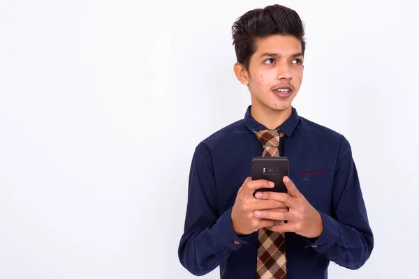 Зйомки Молодого Індійського Підлітка Ролі Бізнесмена Білому Фоні — стокове фото