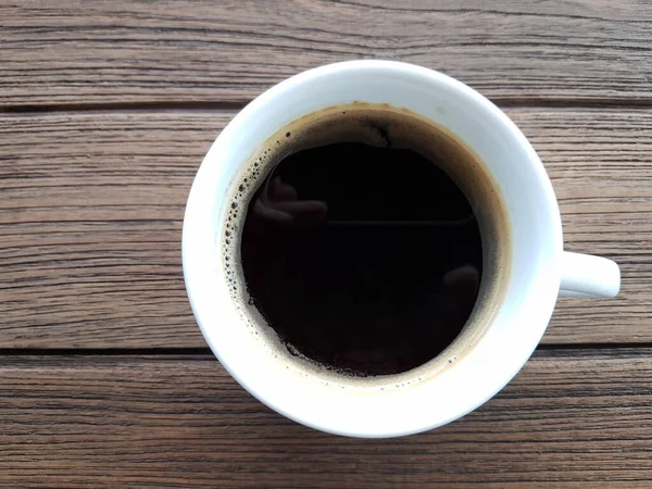 Black Coffee Wooden Table Served White Coffee Cup — Stock Photo, Image