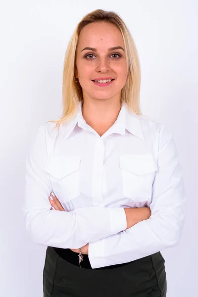 Studio Shot Young Beautiful Businesswoman Blond Hair White Background — Stock Photo, Image
