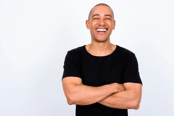 Estúdio Tiro Bonito Multi Etnia Careca Homem Vestindo Camisa Preta — Fotografia de Stock