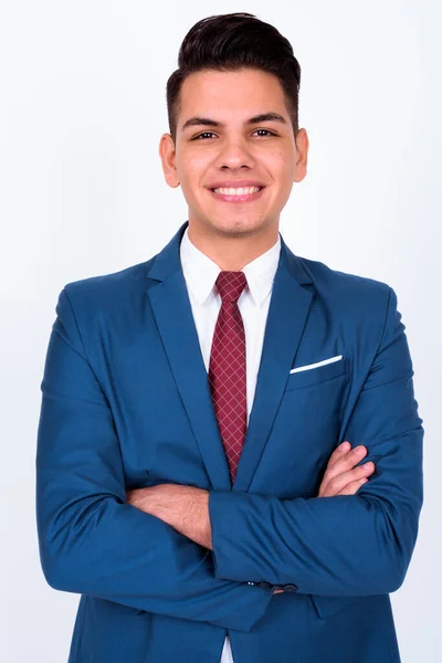 Studio Shot Young Handsome Multi Ethnic Businessman Wearing Blue Suit — Stock Photo, Image