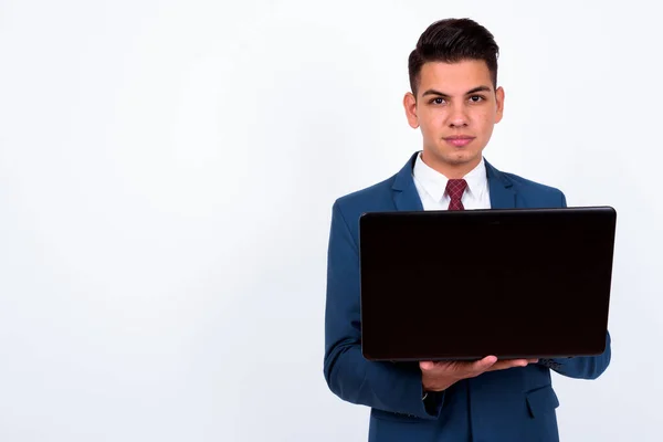 Estúdio Tiro Jovem Bonito Multi Empresário Étnico Vestindo Terno Azul — Fotografia de Stock