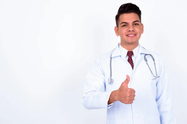 Studio Shot Young Handsome Multi Ethnic Man Doctor White Background — Stock Photo, Image