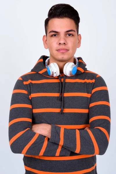 Studio Shot Young Handsome Multi Ethnic Man Wearing Hoodie White — Stock Photo, Image