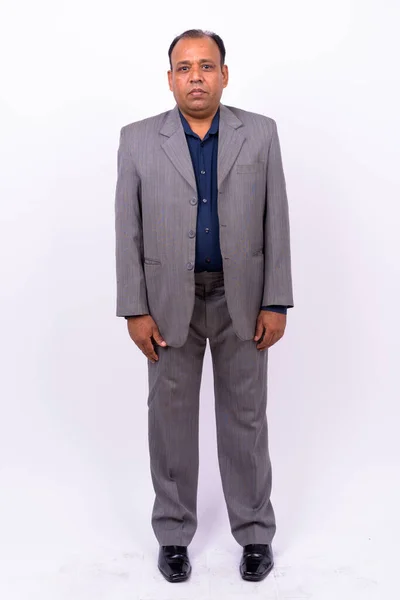 Studio Shot Mature Overweight Indian Businessman Suit Receding Hairline White — Stock Photo, Image