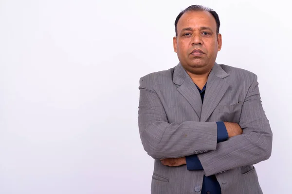 Studio Shot Mature Overweight Indian Businessman Suit Receding Hairline White — Stock Photo, Image