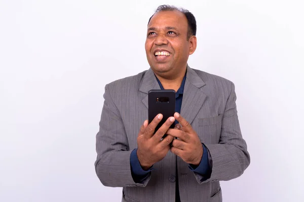 Studio Shot Mature Overweight Indian Businessman Suit Receding Hairline White — Stock Photo, Image