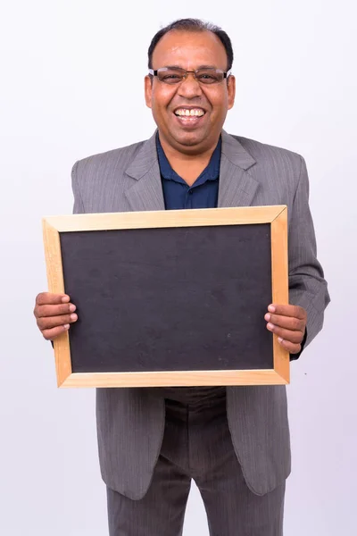 Studio Shot Mature Overweight Indian Businessman Suit Receding Hairline White — Stock Photo, Image