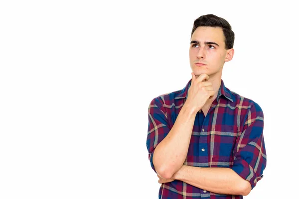 Studioaufnahme Eines Jungen Gutaussehenden Hipster Mannes Isoliert Vor Weißem Hintergrund — Stockfoto