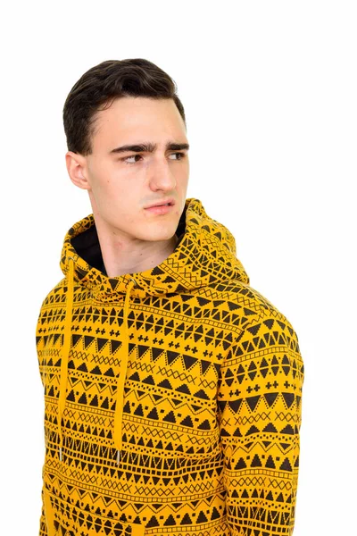 Studioaufnahme Eines Jungen Gutaussehenden Mannes Mit Kapuzenpulli Vor Weißem Hintergrund — Stockfoto