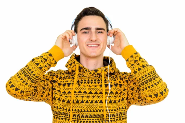 Estudio Joven Guapo Con Sudadera Con Capucha Aislada Sobre Fondo —  Fotos de Stock