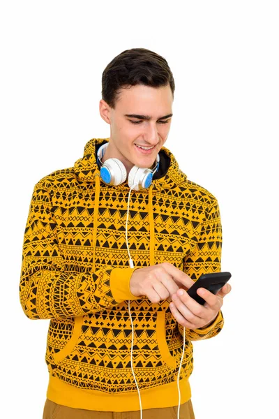 Estudio Joven Guapo Con Sudadera Con Capucha Aislada Sobre Fondo —  Fotos de Stock