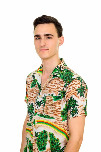 Studio Shot Young Handsome Tourist Man Hawaiian Shirt Ready Vacation — Stock Photo, Image