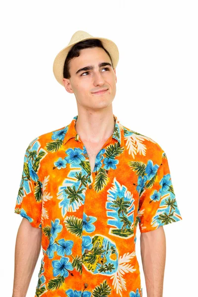 Studio Zdjęcie Młodego Przystojnego Turysty Hawajskiej Koszuli Gotowy Wakacje Odizolowany — Zdjęcie stockowe
