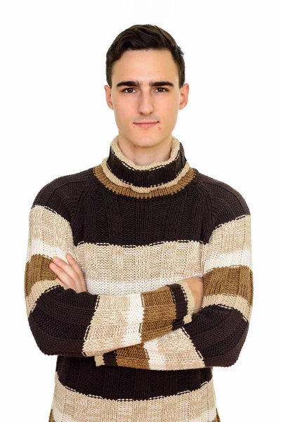 Studio Zdjęcie Młodego Przystojnego Mężczyzny Swetrem Turtleneck Gotowy Zimy Izolowane — Zdjęcie stockowe
