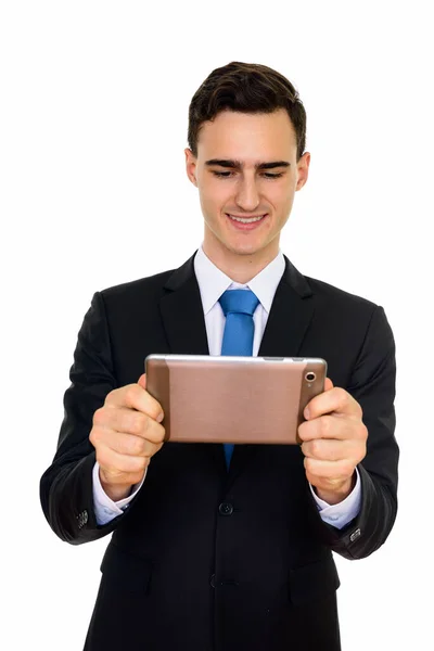 Estudio Disparo Joven Hombre Negocios Guapo Traje Aislado Sobre Fondo — Foto de Stock