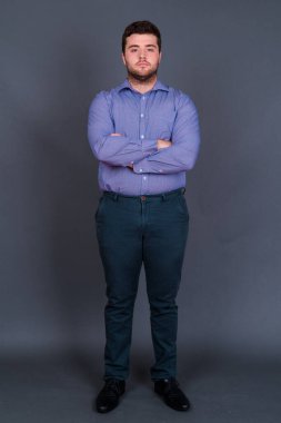 Yakışıklı, şişman, sakallı iş adamının gri arka planda çekilmiş bir fotoğrafı.