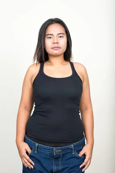 Studio Shot Young Overweight Asian Woman White Background — Stockfoto