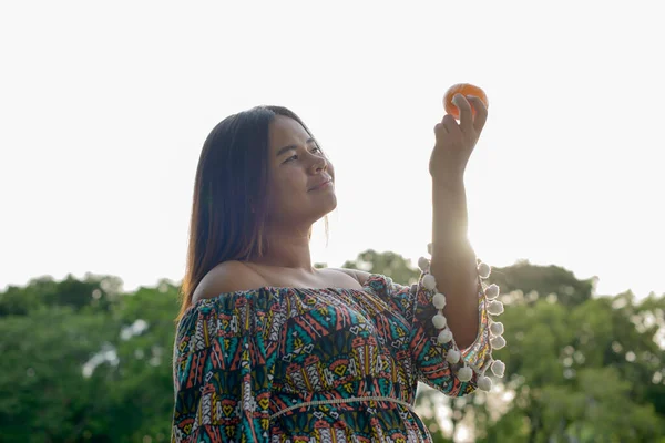 Portrait Young Overweight Asian Woman Relaxing Park Outdoors — Stock Photo, Image