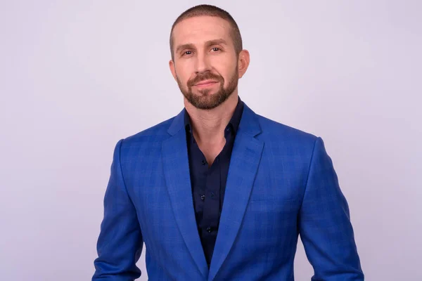 Studio Shot Handsome Bearded Businessman Suit Shaved Head Looking Cool — Stock Photo, Image