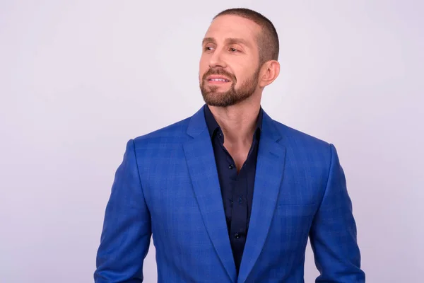 Studio Shot Handsome Bearded Businessman Suit Shaved Head Looking Cool — Stock Fotó