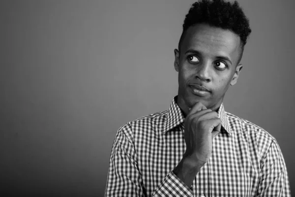 Studio Shot Young Handsome African Businessman Wearing Checkered Shirt Gray — Fotografia de Stock