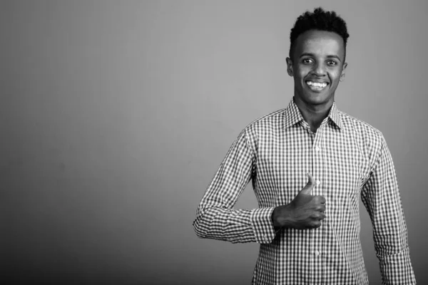 Studio Shot Young Handsome African Businessman Wearing Checkered Shirt Gray —  Fotos de Stock