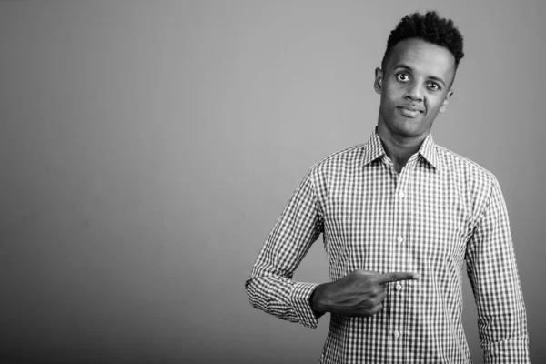 Studio Shot Young Handsome African Businessman Wearing Checkered Shirt Gray — Fotografia de Stock