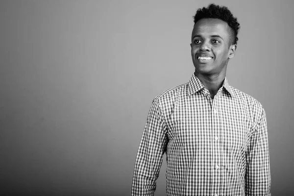 Studio Shot Young Handsome African Businessman Wearing Checkered Shirt Gray —  Fotos de Stock