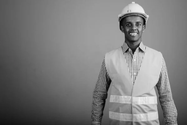 Studio Shot Young Handsome African Man Construction Worker Gray Background — Photo