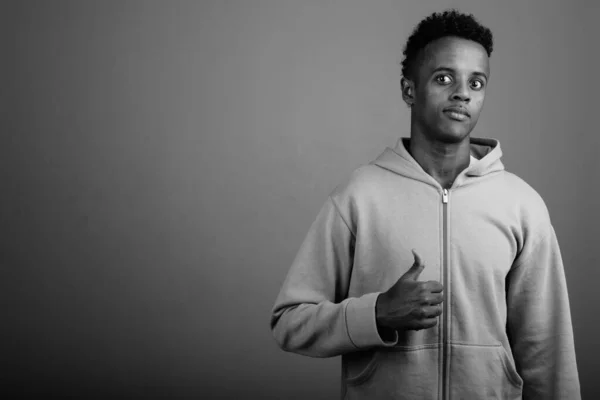 Studio Shot Young Handsome African Man Wearing Hoodie Gray Background — Fotografia de Stock