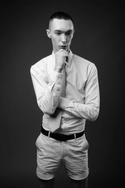 Studio Shot Young Handsome Androgynous Businessman Gray Background Black White — Stock Photo, Image