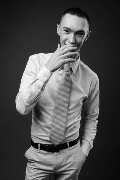 Studio Shot Young Handsome Androgynous Businessman Gray Background Black White — Stock Photo, Image